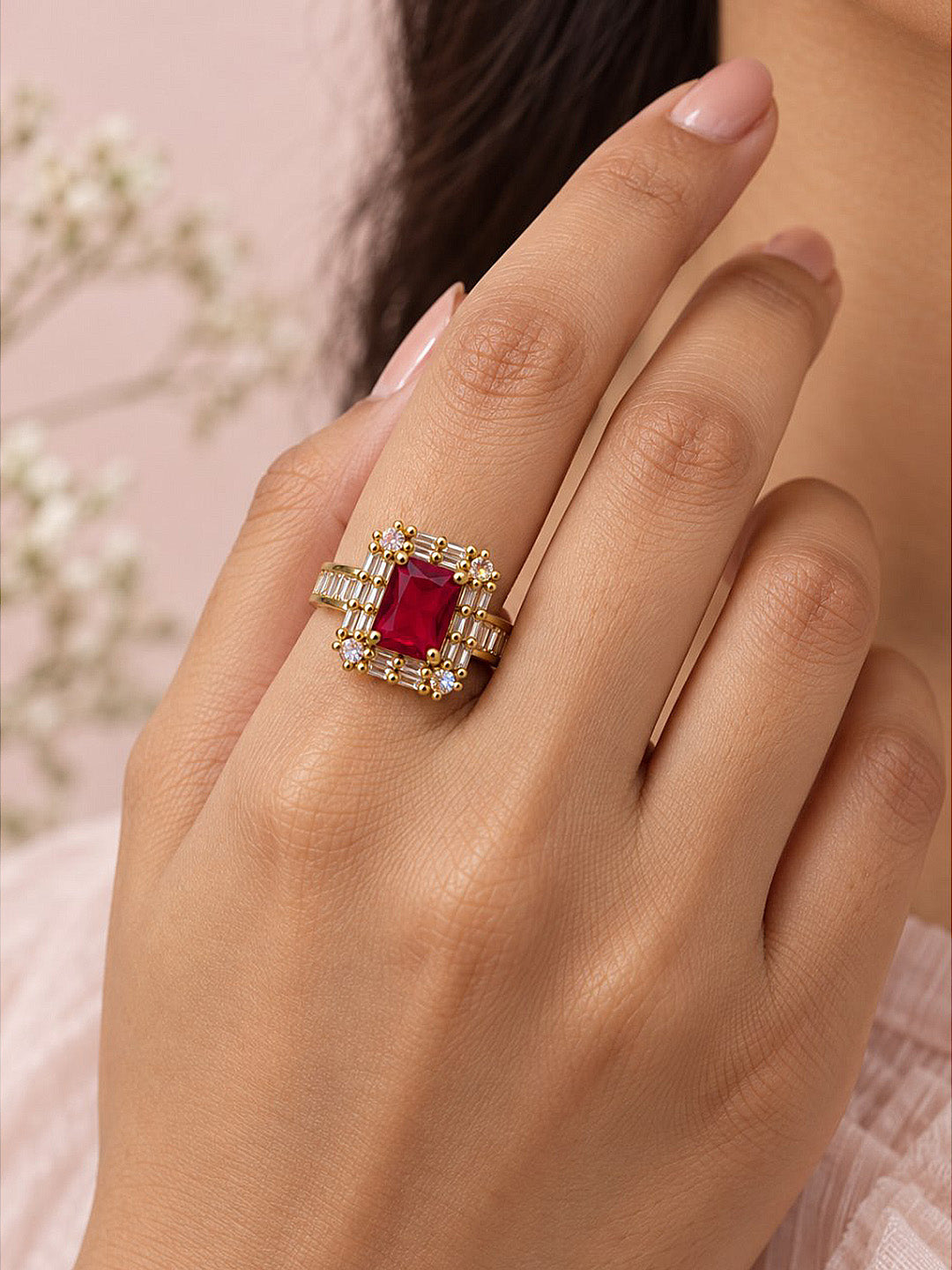 Red Center Stone Baguette Halo Ring - Gold Plated product image