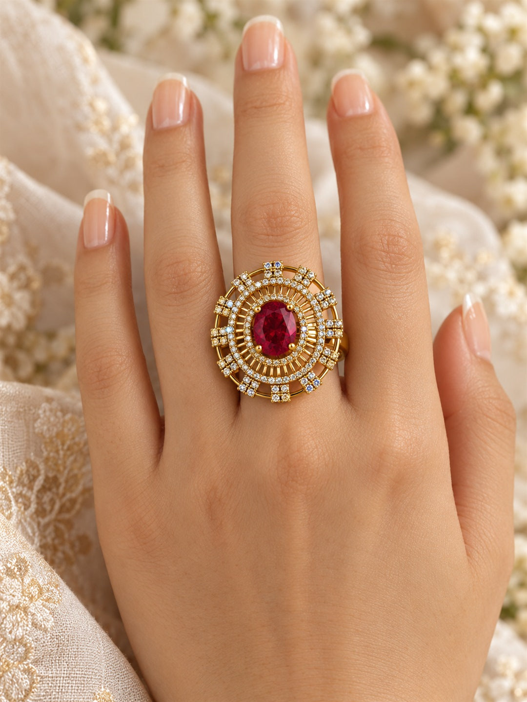 Red Stone Oval Baguette Halo Ring - Gold Plated, model close-up