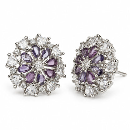 Purple Marquise Stone Floral Stud Earrings in silver plating