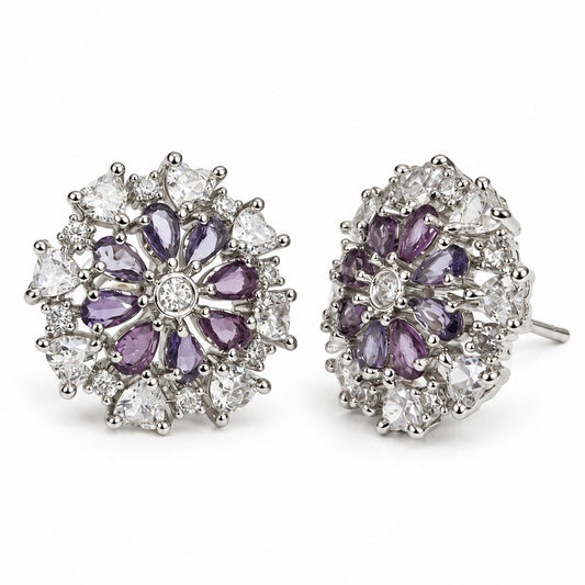 Purple Marquise Stone Floral Stud Earrings in silver plating