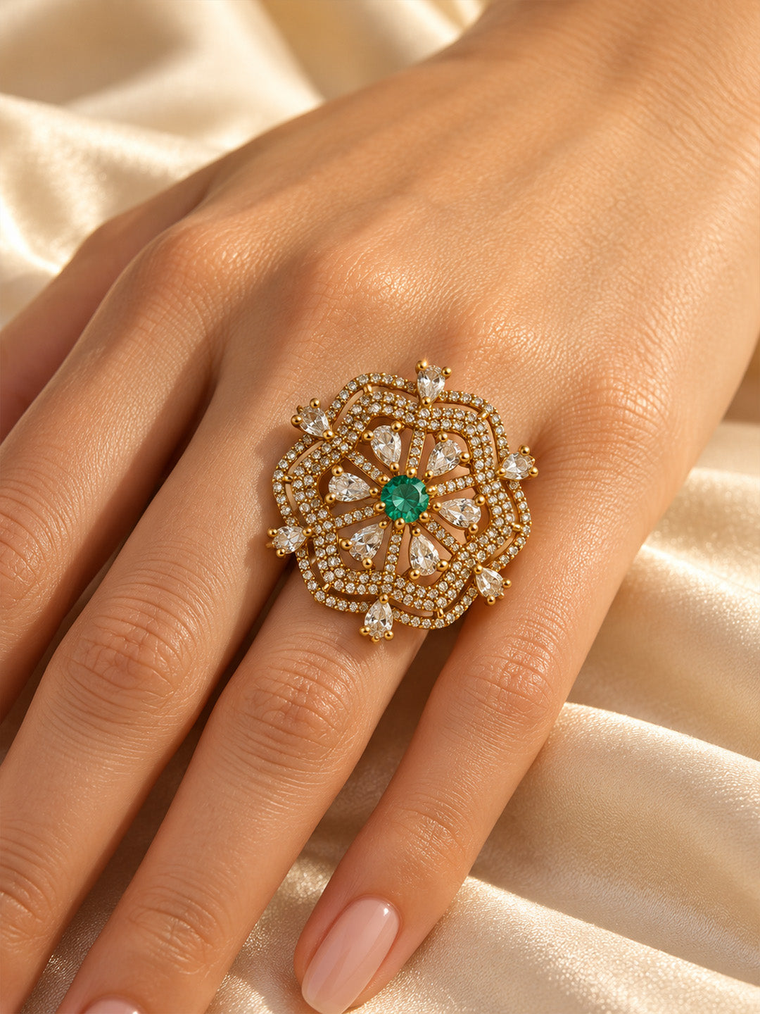 Sea Green Stone Scalloped Floral Halo Ring - Gold Plated, model close-up