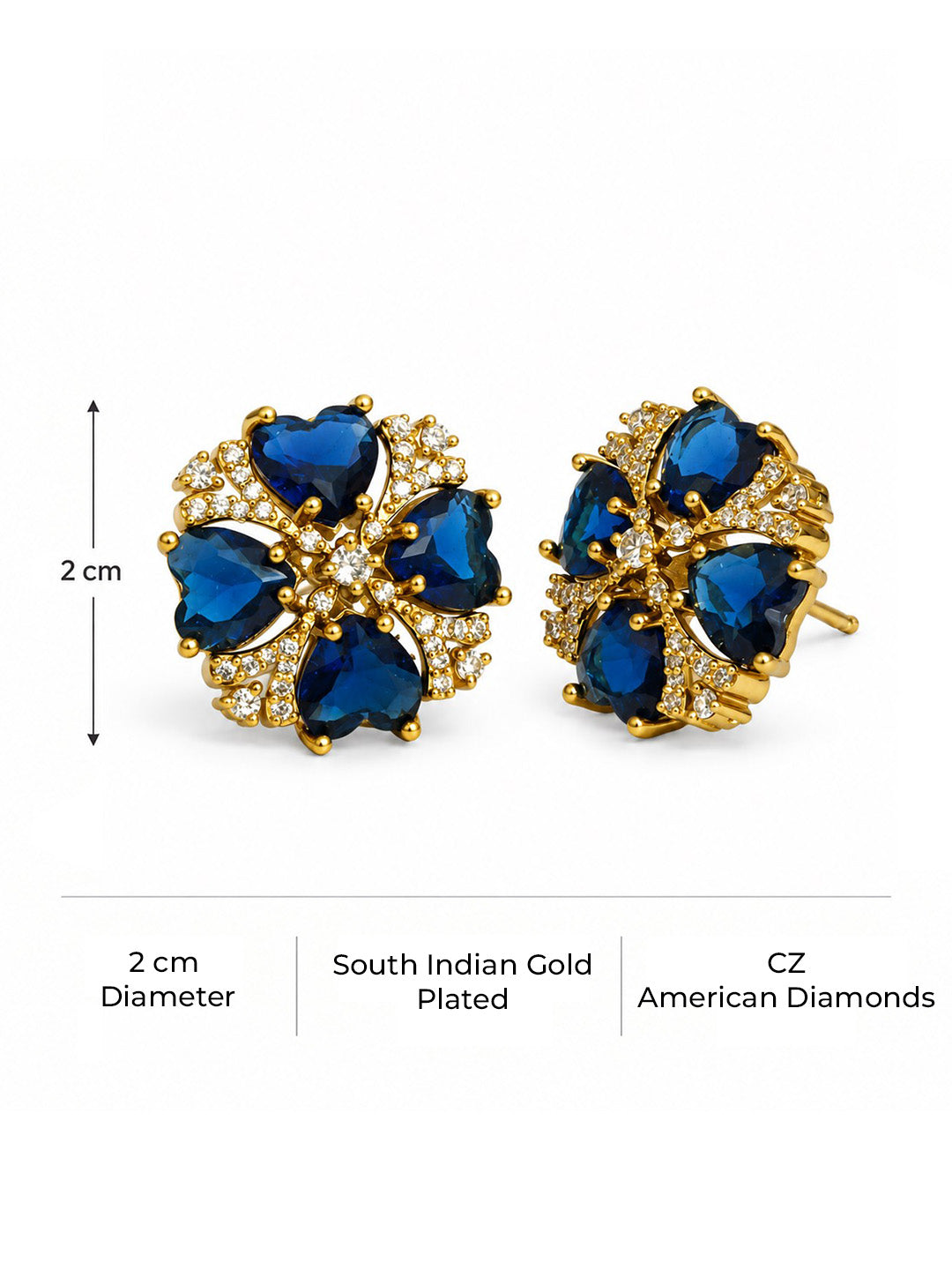 Blue Four Heart Floral Stud Earrings - Gold Plated