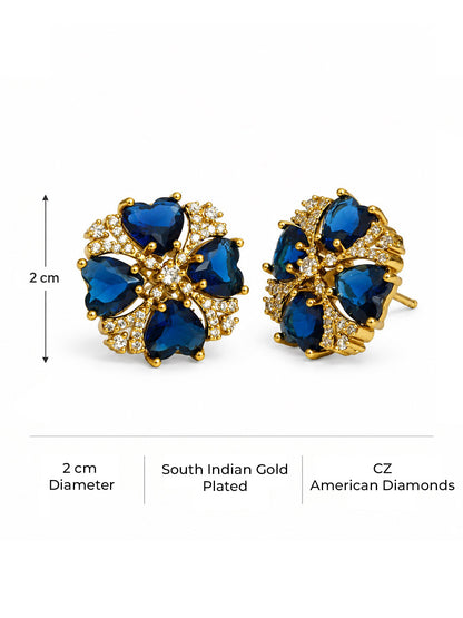 Blue Four Heart Floral Stud Earrings - Gold Plated