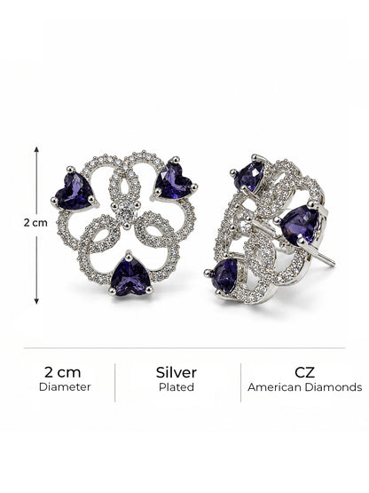 Purple Heart Stone Openwork Floral Stud Earrings in silver plating