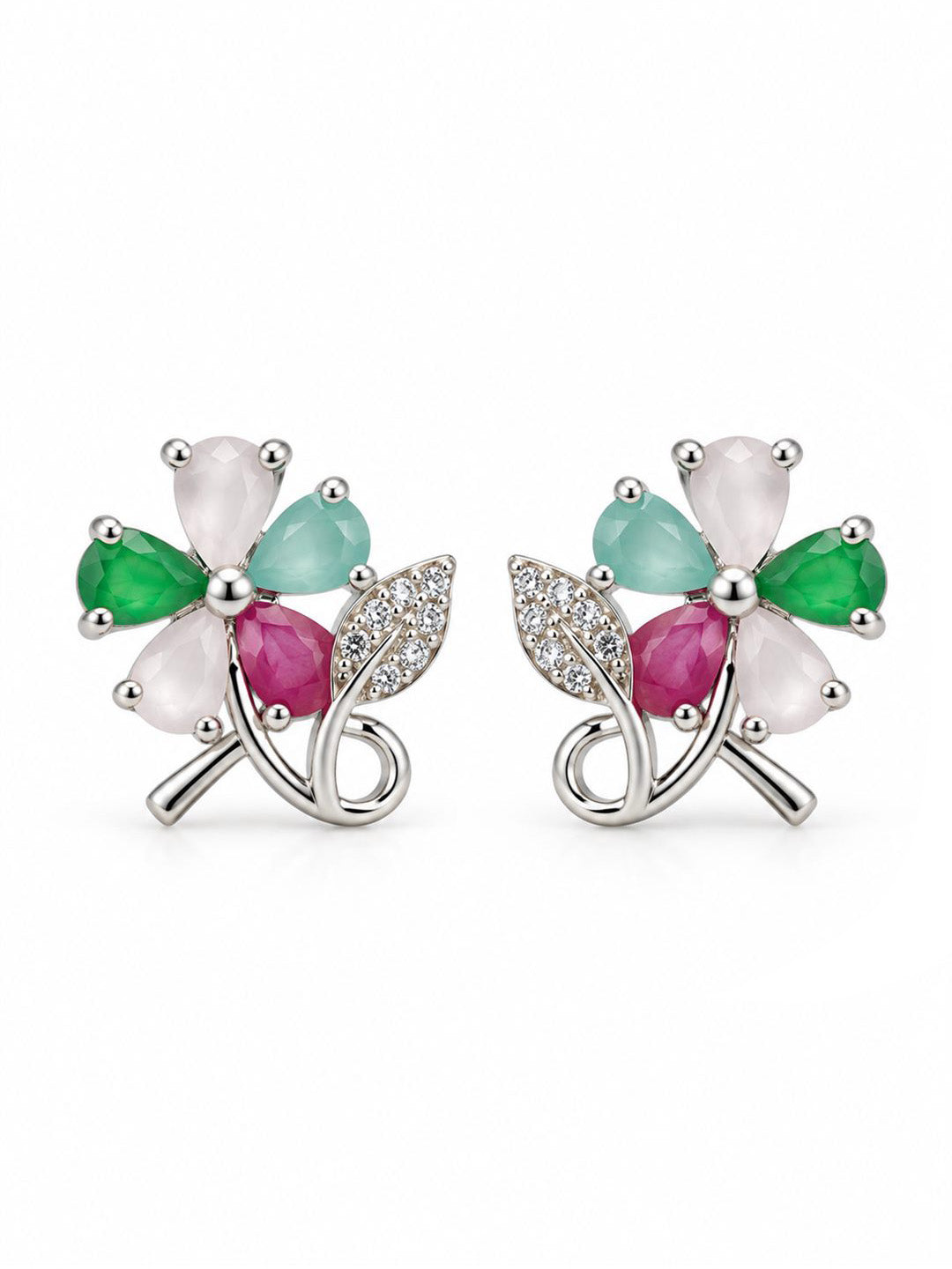 Multicolor Flower and Leaf Stud Earrings, silver plated, additional product view