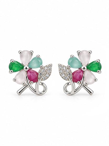 Multicolor Flower and Leaf Stud Earrings, silver plated, additional product view