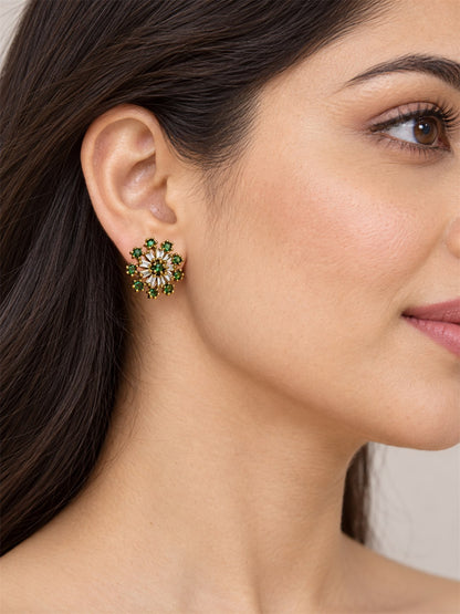 Green Baguette Sunburst Stud Earrings, gold plated, model close-up