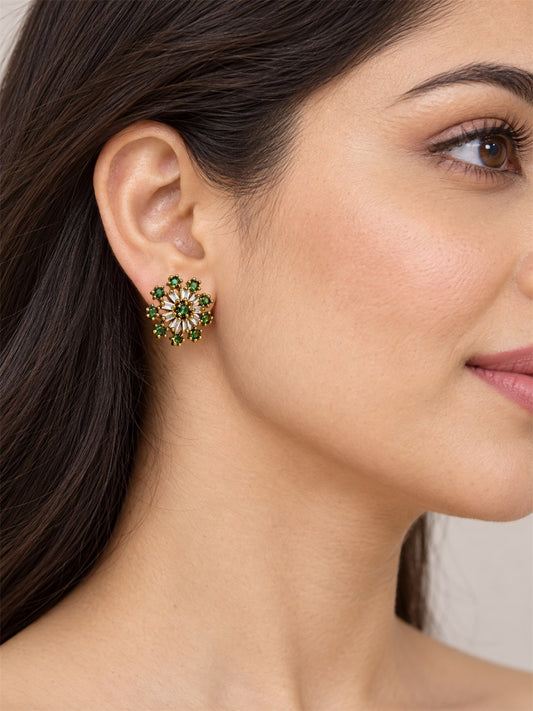Green Baguette Sunburst Stud Earrings, gold plated, model close-up