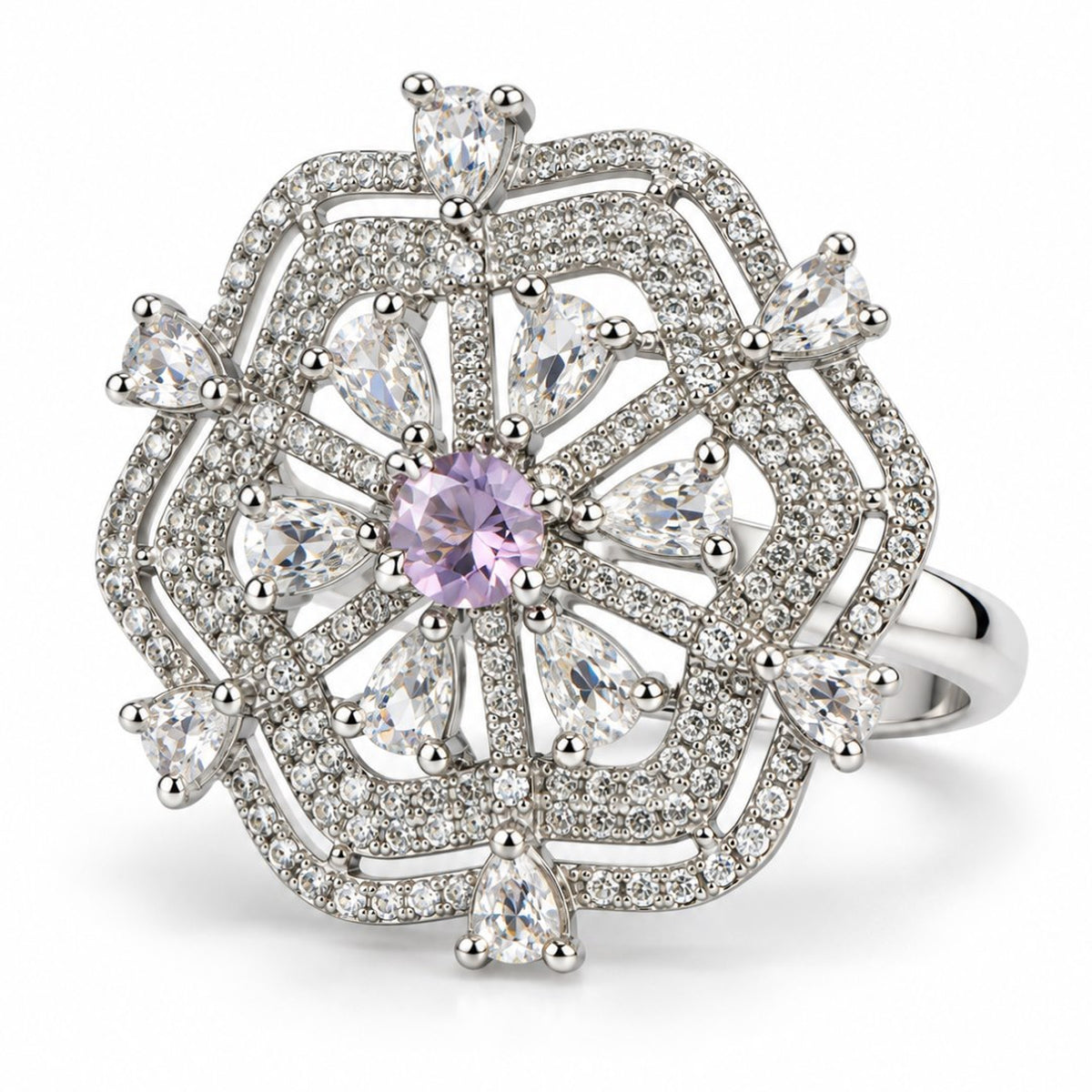 Lavender Round Center Geometric Flower Ring - Silver Plated - product view