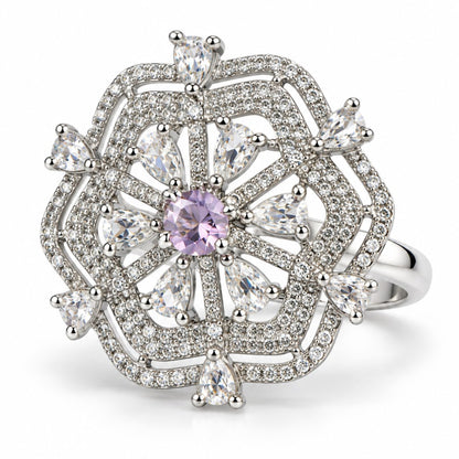 Lavender Round Center Geometric Flower Ring - Silver Plated - product view