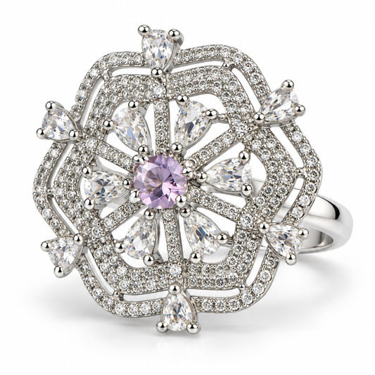 Lavender Round Center Geometric Flower Ring - Silver Plated - product view