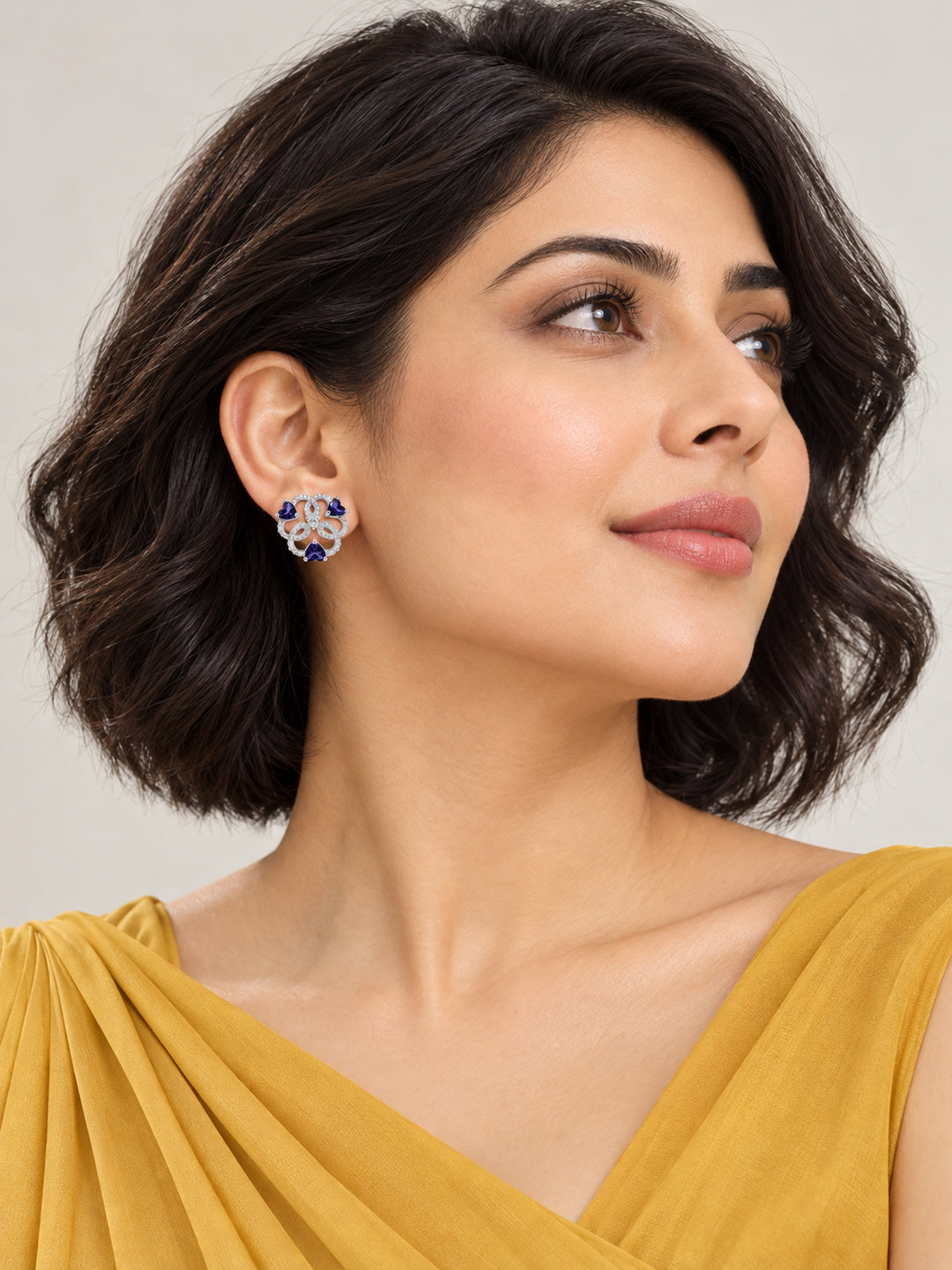 Purple Heart Stone Openwork Floral Stud Earrings in silver plating