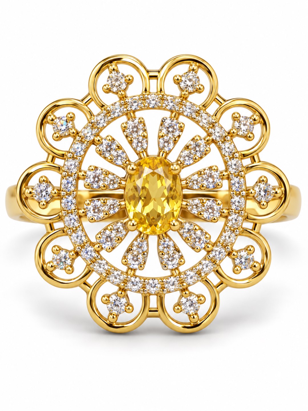 Yellow Center Stone Scalloped Floral Halo Ring - Gold Plated