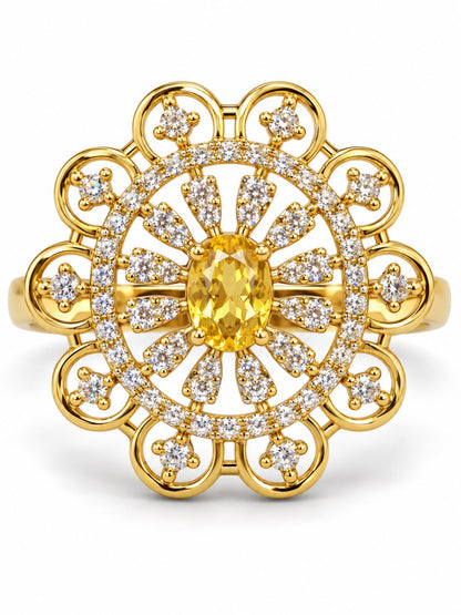 Yellow Center Stone Scalloped Floral Halo Ring - Gold Plated