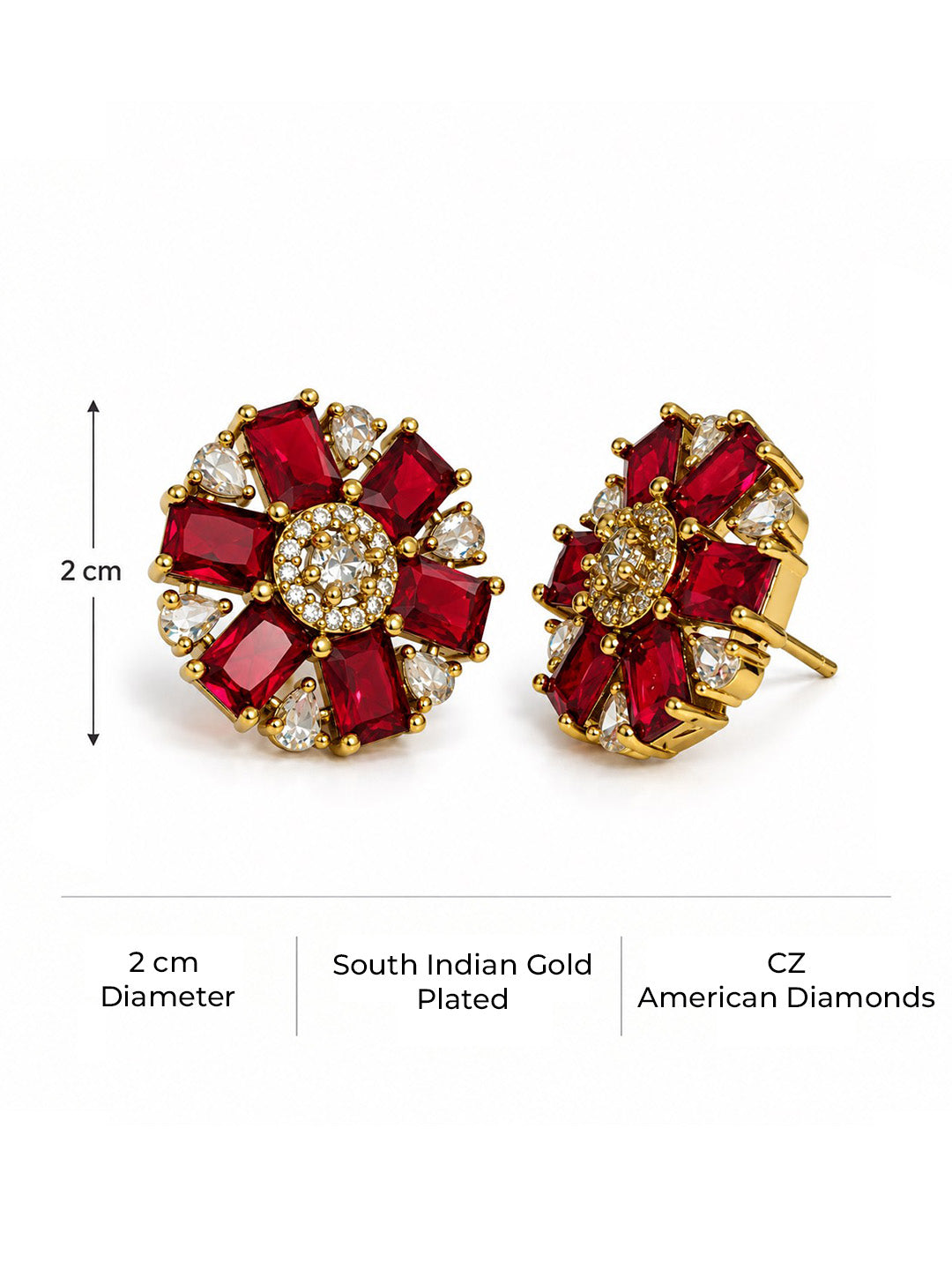 Red Baguette Petal Floral Stud Earrings - Gold Plated