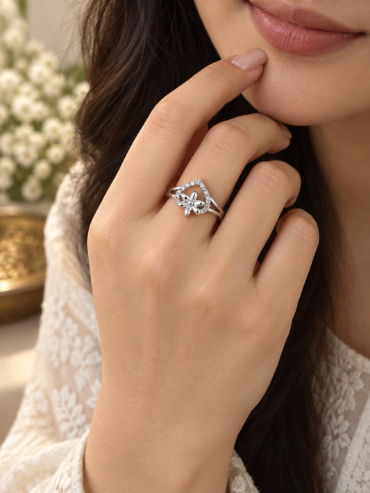 Clear Heart and Flower Ring - Silver Plated worn on hand