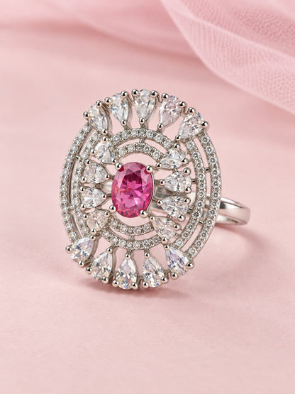 Red Oval Center Halo Ring - Silver Plated - alternate view