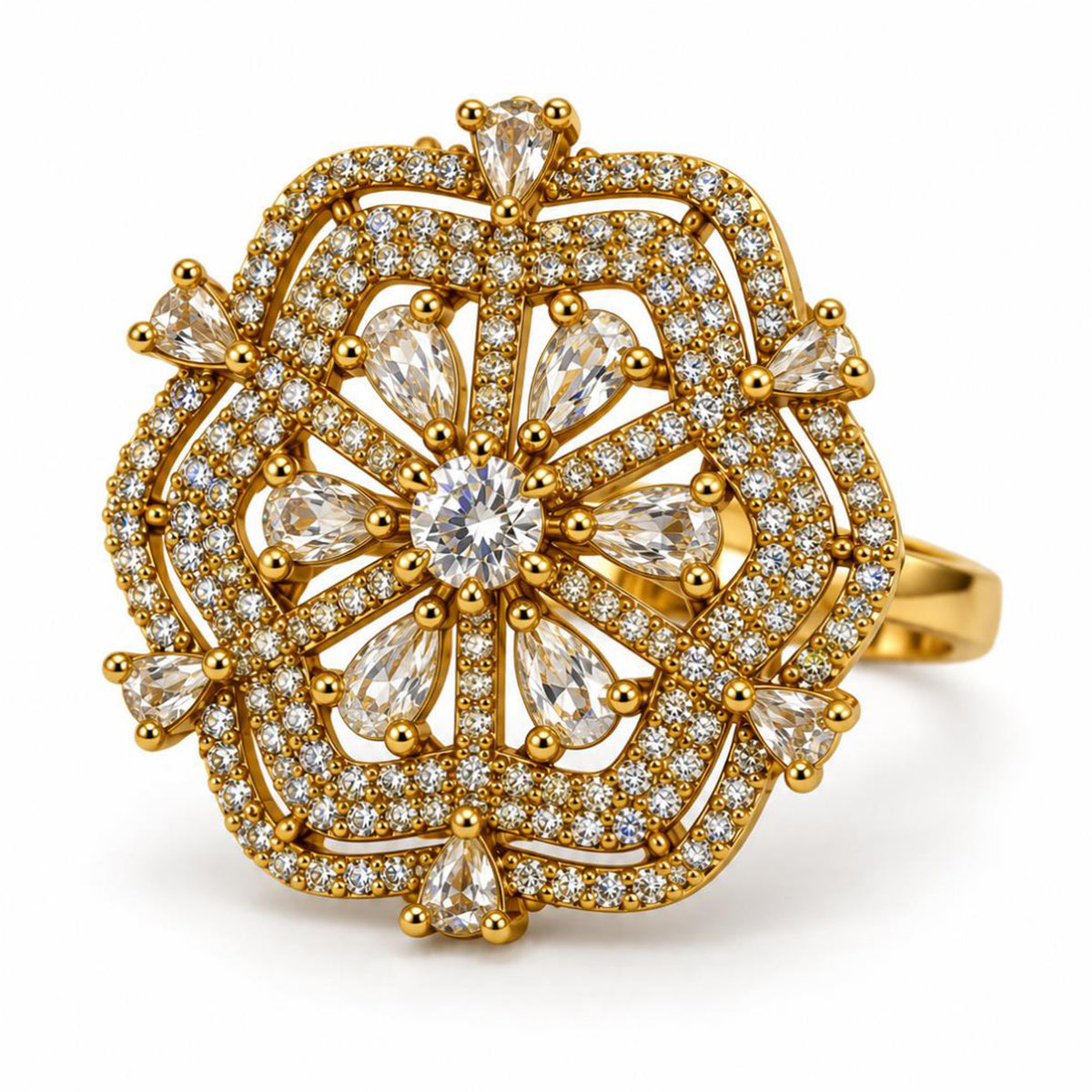 Clear Stone Scalloped Floral Halo Ring - Gold Plated, product view