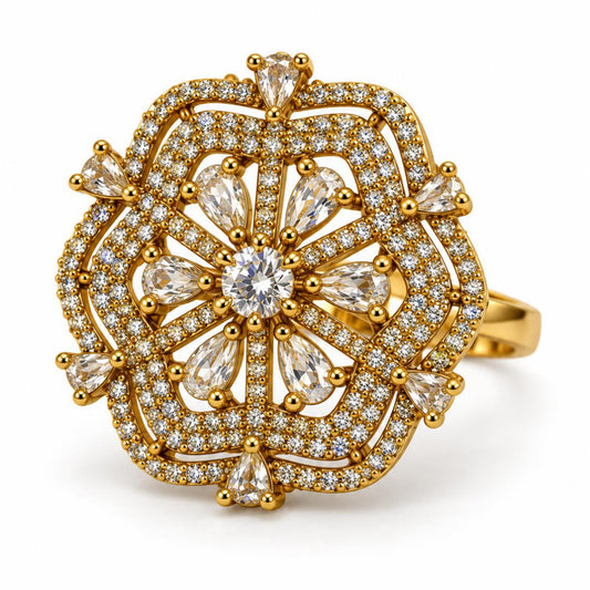 Clear Stone Scalloped Floral Halo Ring - Gold Plated, product view