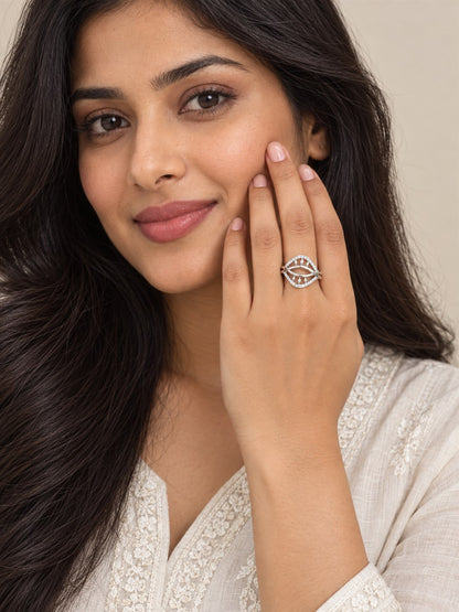 Clear Double Leaf Openwork Ring - Silver Plated