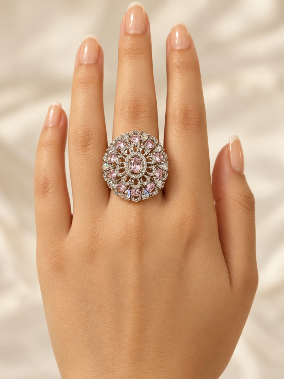 Pink Oval Center Floral Cluster Ring - Silver Plated worn on hand - close-up
