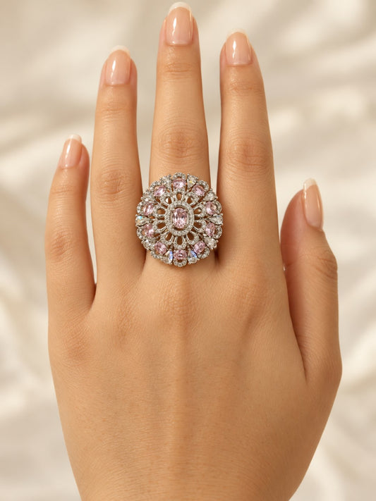 Pink Oval Center Floral Cluster Ring - Silver Plated worn on hand - close-up