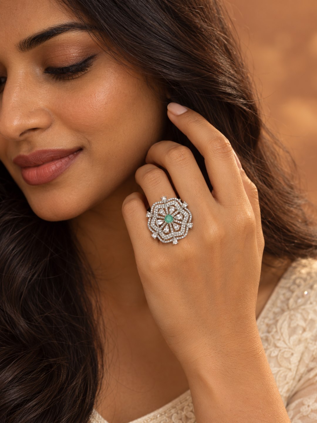 Mint Green Round Center Geometric Flower Ring - Silver Plated worn on hand - close-up