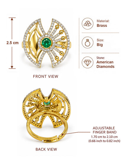 Sea Green Center Stone Fan Motif Ring - Gold Plated