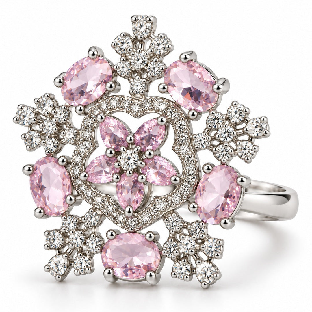 Pink Stone Ornate Floral Ring - Silver Plated - product view