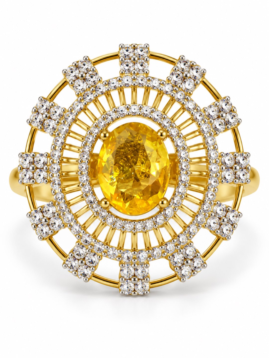 Yellow Center Stone Baguette Halo Ring - Gold Plated