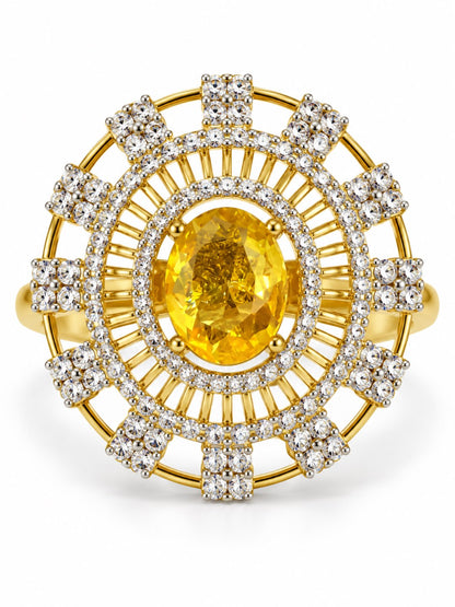 Yellow Center Stone Baguette Halo Ring - Gold Plated