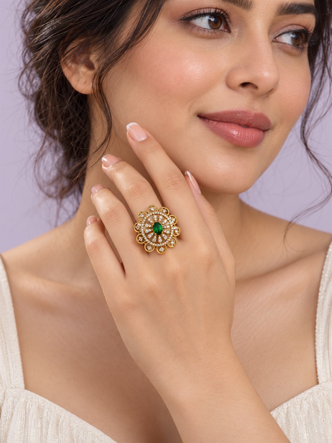 Green Stone Scalloped Sunburst Ring - Gold Plated, additional view 1