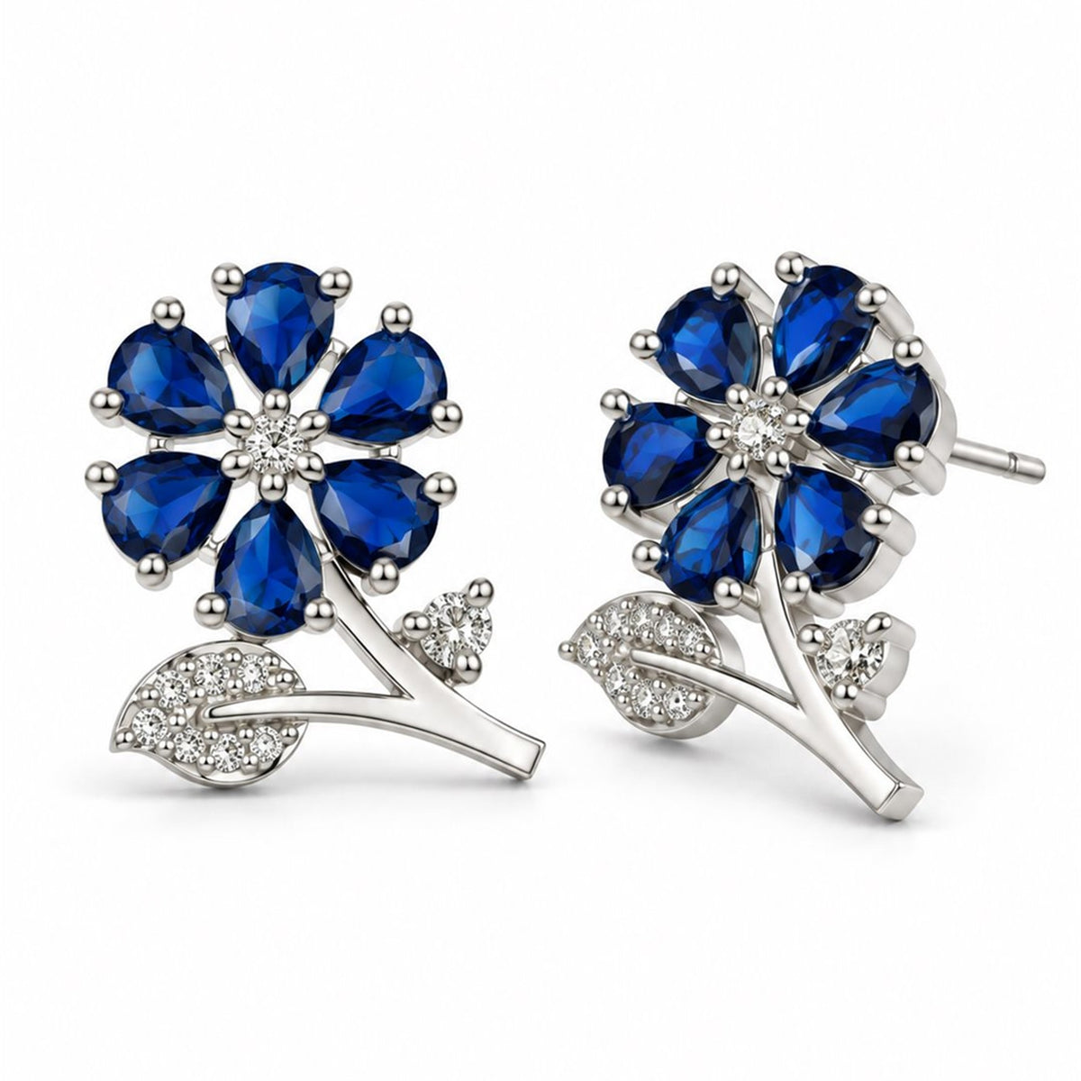 Blue Flower and Leaf Stud Earrings, silver plated
