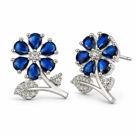 Blue Flower and Leaf Stud Earrings, silver plated