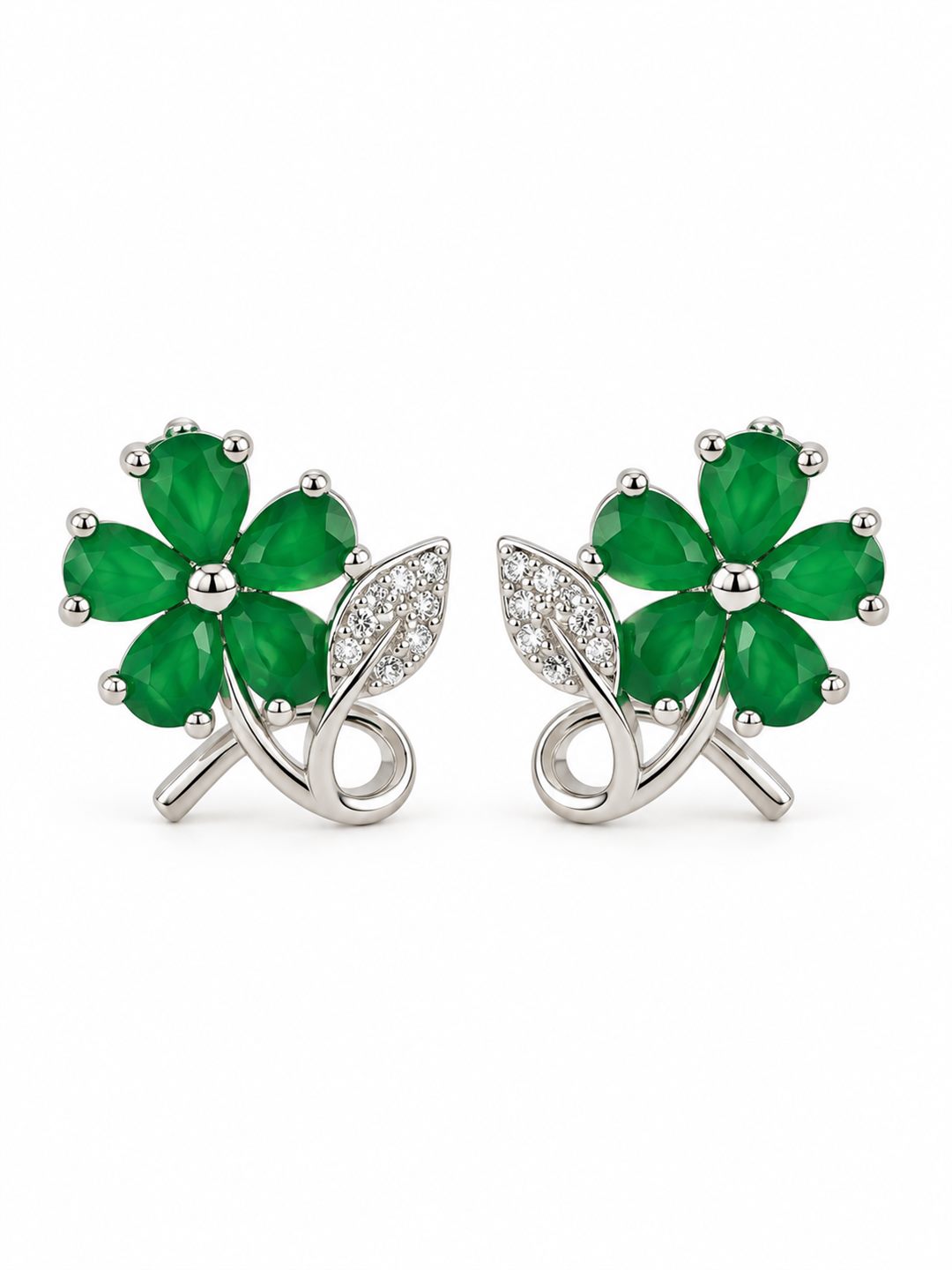 Green Flower and Leaf Stud Earrings, silver plated, additional product view