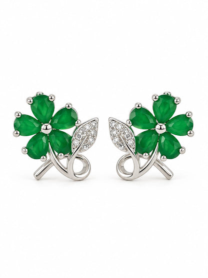 Green Flower and Leaf Stud Earrings, silver plated, additional product view
