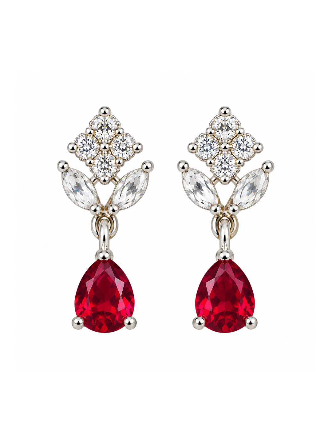 Red Teardrop Floral Drop Earrings - Silver Plated, additional view 2