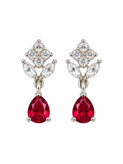 Red Teardrop Floral Drop Earrings - Silver Plated, additional view 2