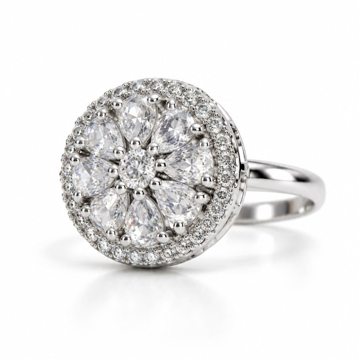 Clear Round Floral Cluster Ring - Silver Plated
