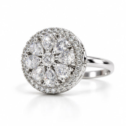 Clear Round Floral Cluster Ring - Silver Plated