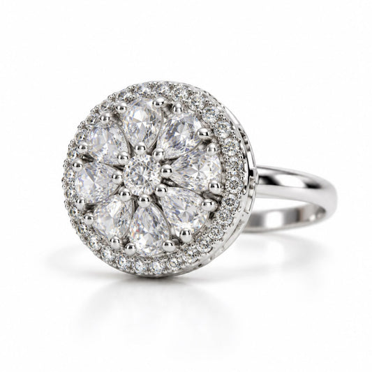 Clear Round Floral Cluster Ring - Silver Plated