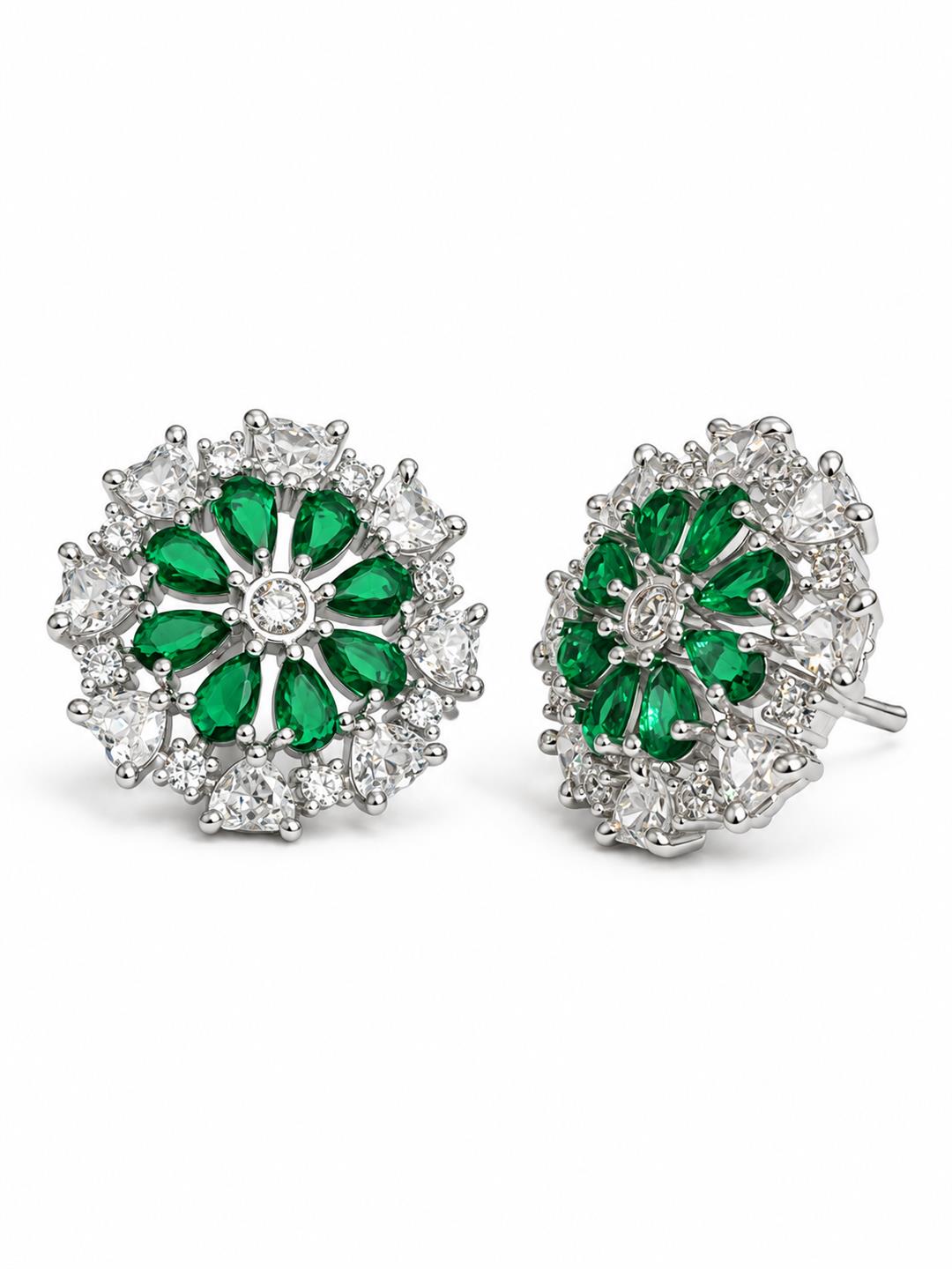Green heart-petal flower silver-plated stud earrings