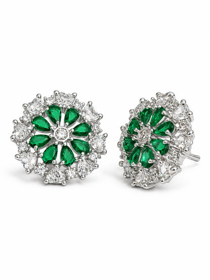 Green heart-petal flower silver-plated stud earrings