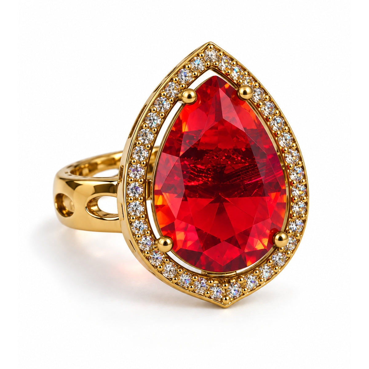 Red Pear Stone Halo Ring - Gold Plated, product view