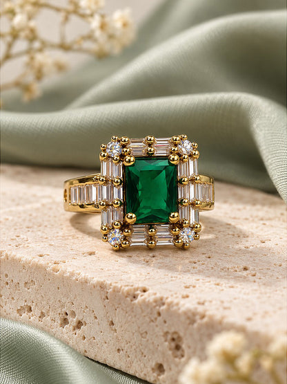 Green Center Stone Baguette Halo Ring - Gold Plated product image