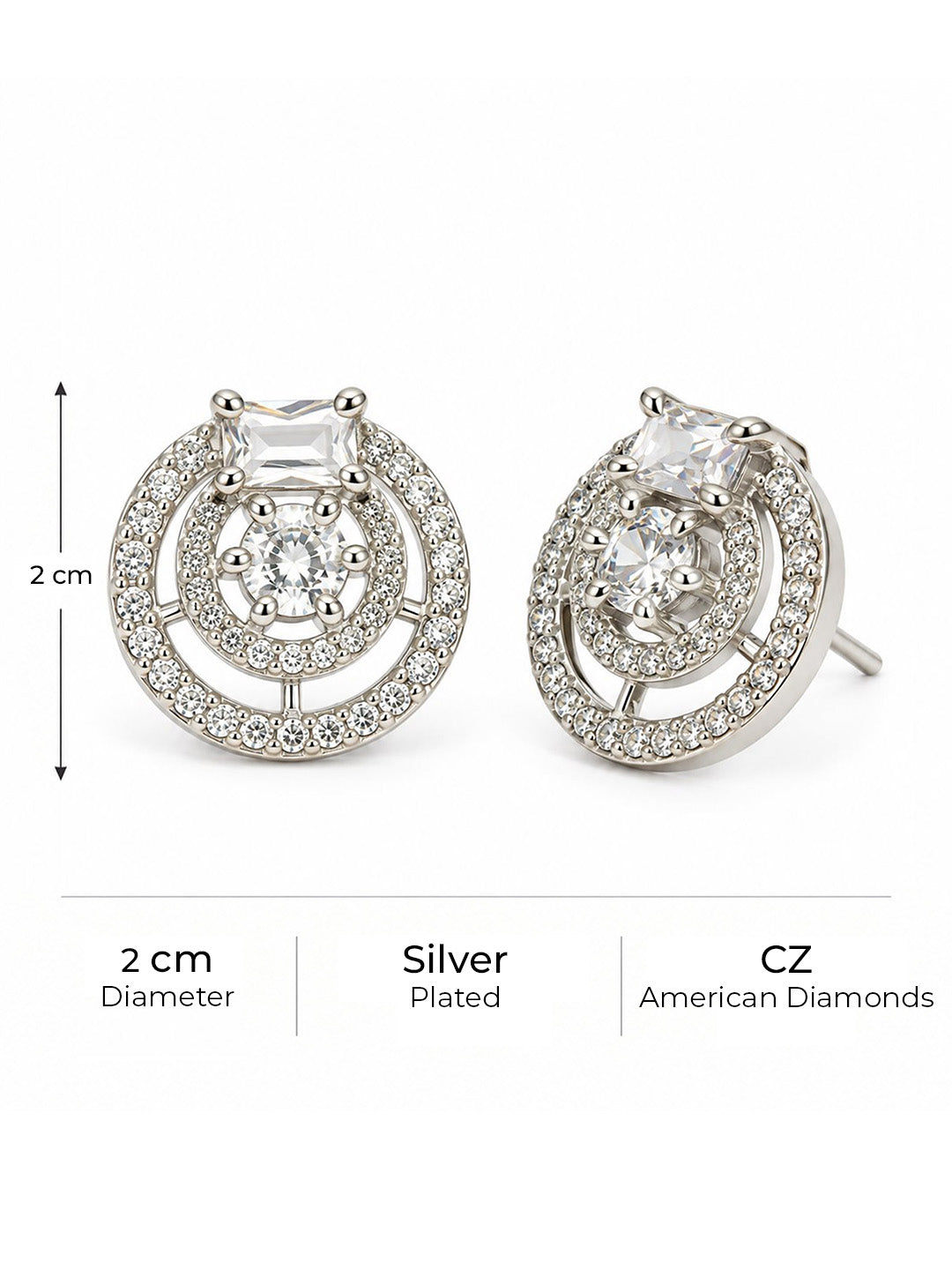 Clear Stone Double Halo Stud Earrings, silver plated, size and plating details