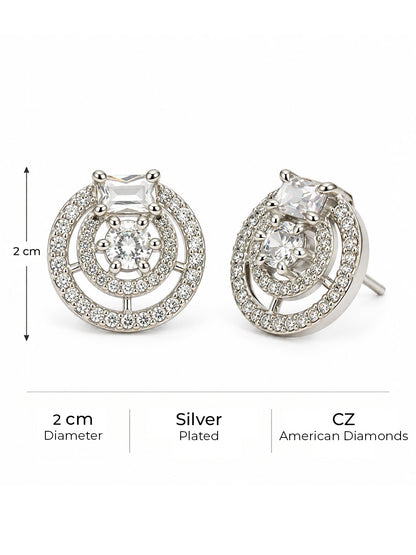 Clear Stone Double Halo Stud Earrings, silver plated, size and plating details