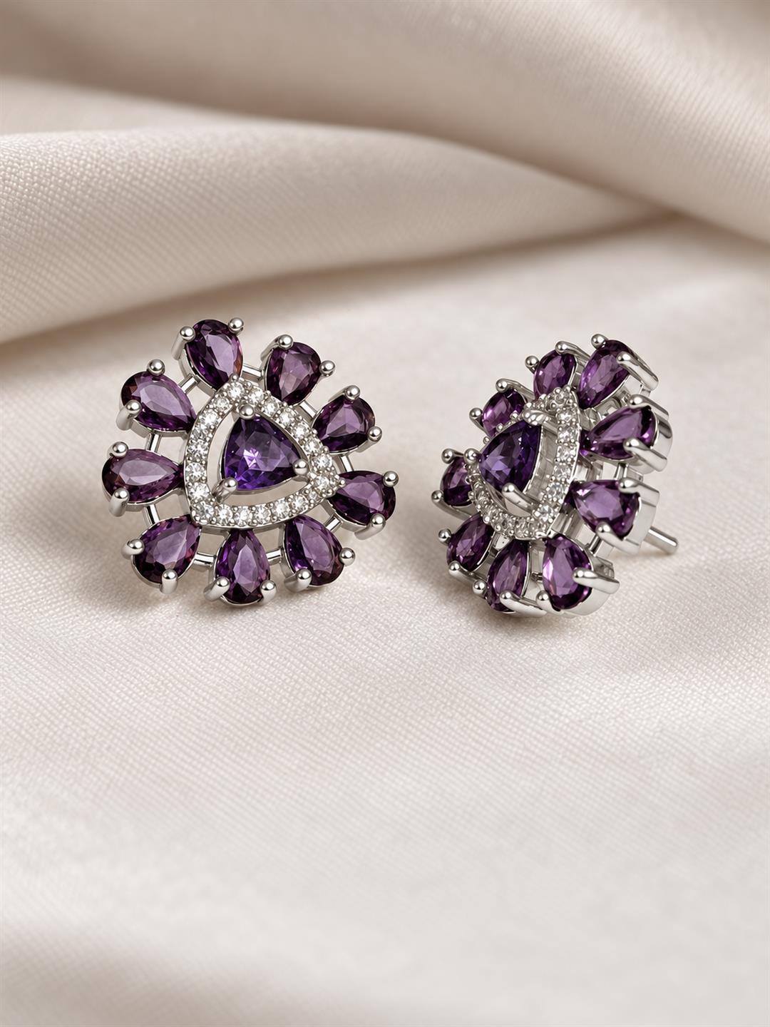 Purple triangle center floral halo silver-plated stud earrings