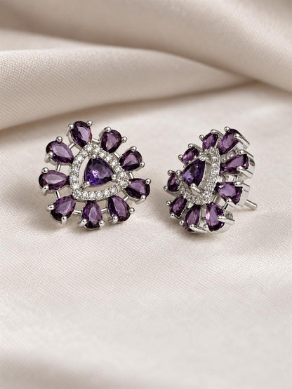 Purple triangle center floral halo silver-plated stud earrings