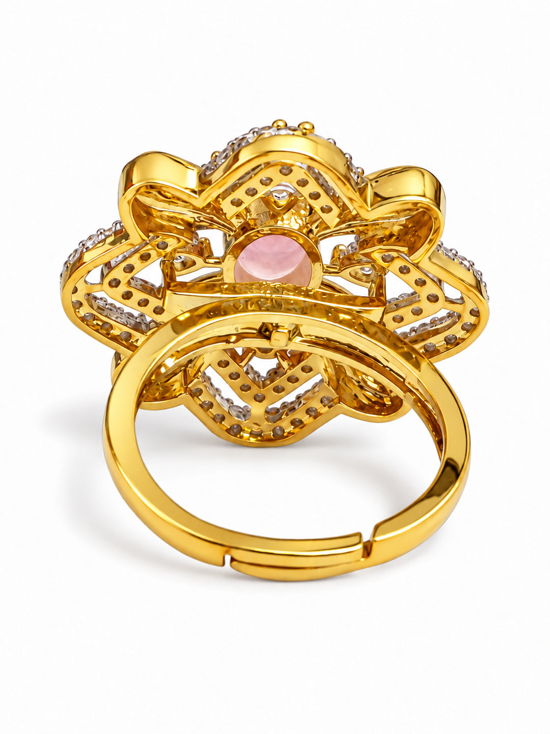 Pink Center Stone Four-Petal Floral Ring - Gold Plated